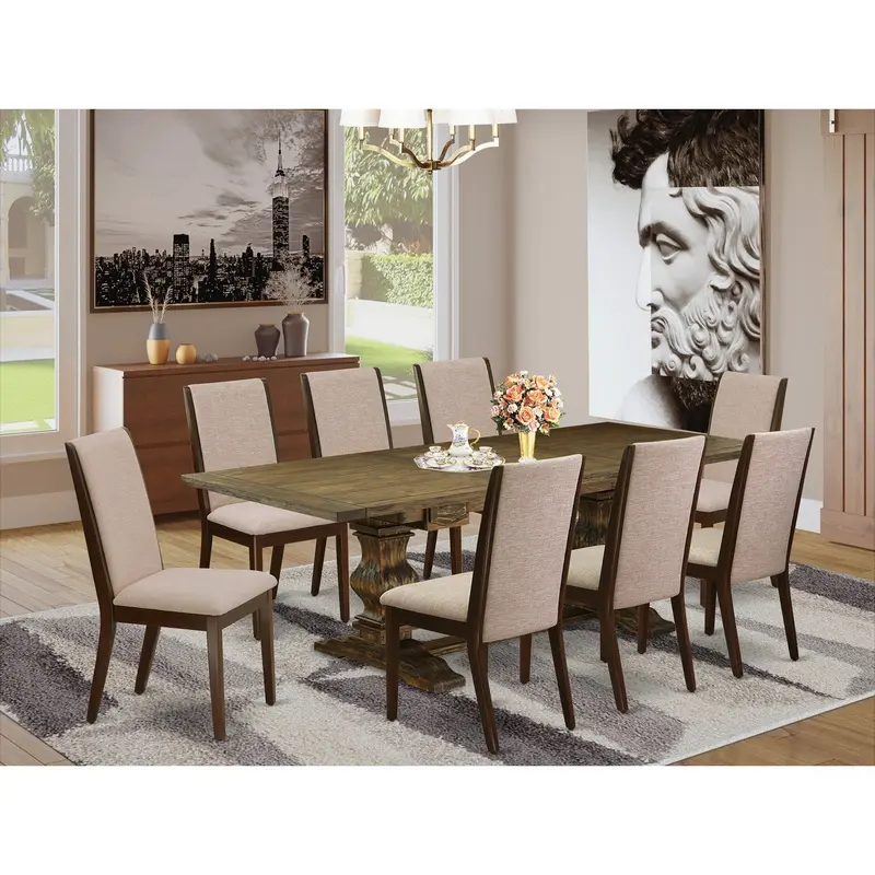 East West Furniture Lala9-73-04 9-Piece Kitchen Dining Set – Jacobean Rectangular Butterfly Leaf Table + 8 Light Tan Linen Parson Chairs (42" X 92") 1