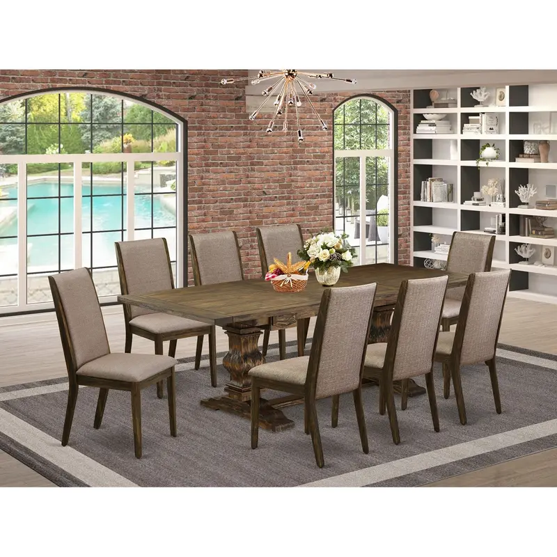 East West Furniture Lala9-77-16 9-Piece Dining Set – Jacobean Rectangular Butterfly Leaf Table + 8 Dark Khaki Linen Upholstered Chairs (42" X 92") 1