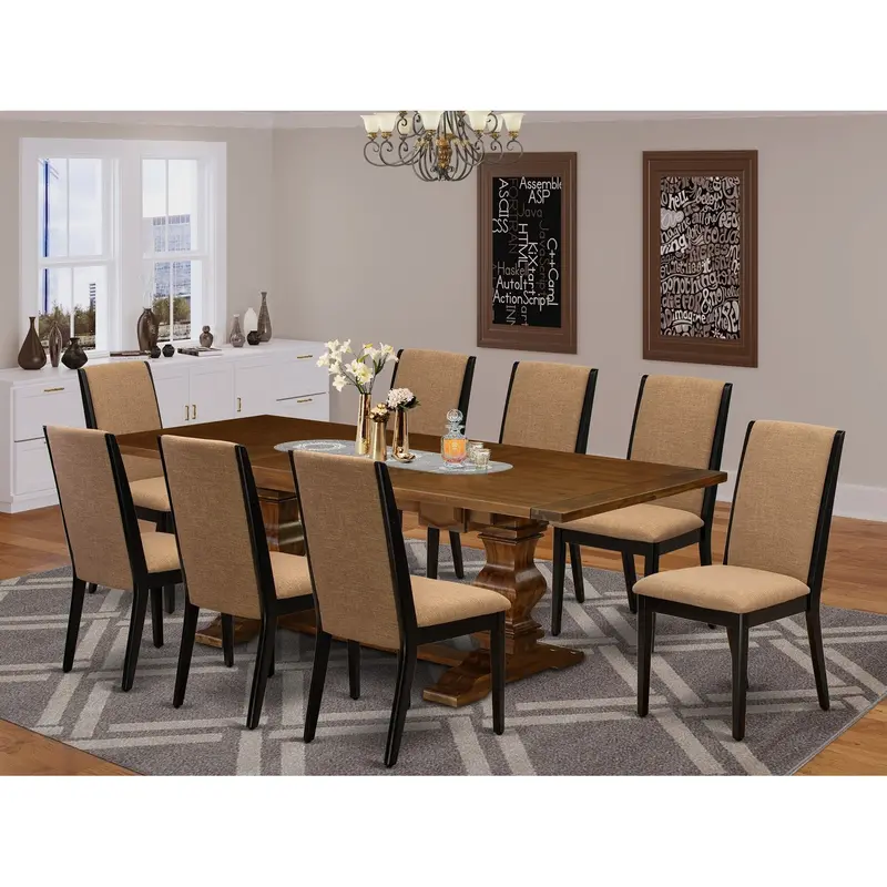East West Furniture Lala9-81-47 9-Piece Dining Set – Walnut Rectangular Butterfly Leaf Table + 8 Light Sable Linen Upholstered Chairs (42" X 92") 1