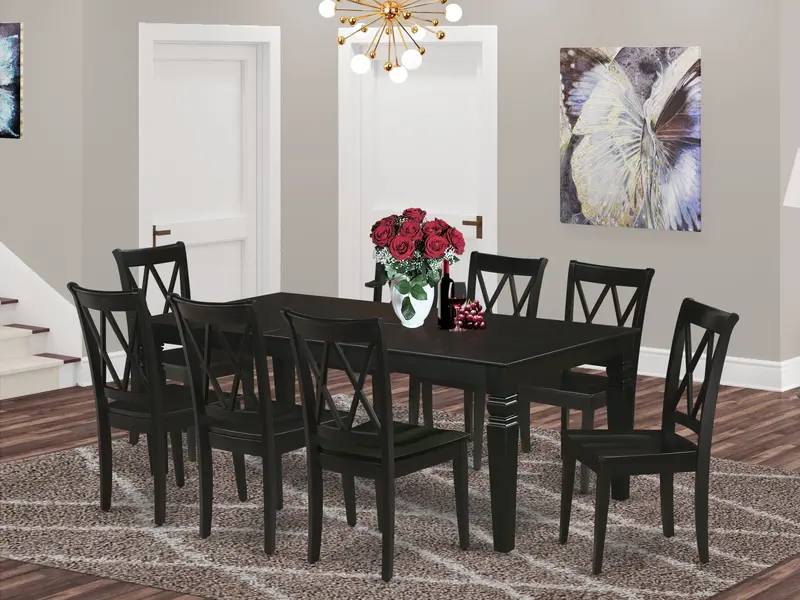 East West Furniture Lgcl9-Blk-W 9-Piece Black Dining Set: Expandable Table & 8 Solid Wood Chairs (42" X 84") 1