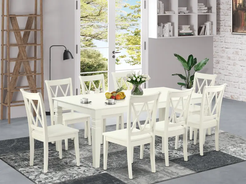 East West Furniture Lgcl9-Lwh-W 9-Piece Linen White Dining Set: Expandable Table & 8 Solid Wood Seat Chairs (42" X 84") 1