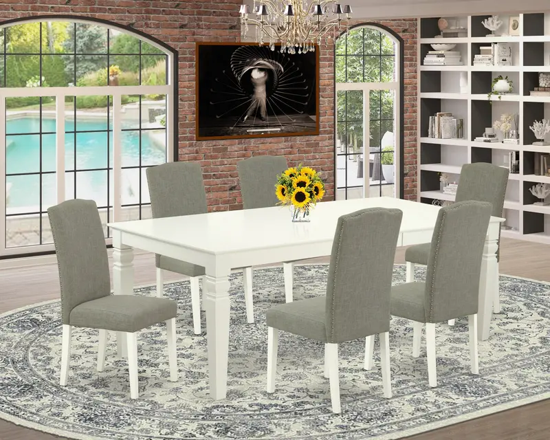 East West Furniture Lgen7-Lwh-06 7-Piece Linen White Kitchen Dining Set: Expandable Table + 6 Dark Shitake Linen Parsons Chairs (42" X 84") 1