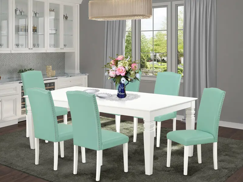 East West Furniture Lgen7-Lwh-57 7-Piece Modern Linen White Dining Set: Solid Wood Table + 6 Pond-Tone Faux Leather Parsons Chairs (42" X 84") 1