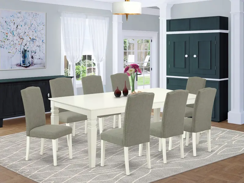 East West Furniture Lgen9-Lwh-06 9-Piece Linen White Dining Room Set: Expandable Table + 8 Dark Shitake Linen Upholstered Chairs (42" X 84") 1