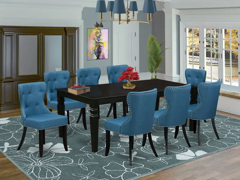 East West Furniture Lgsi9-Blk-21 9-Piece Black Dining Set: Rectangular Butterfly-Leaf Table & 8 Blue Linen Upholstered Chairs (42" X 84") 1