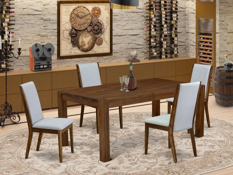 East West Furniture Lmla5-N8-05 Rustic Wood 5-Piece Dinette Set — Grey Linen Upholstered Chairs, 40" X 72" Table, Walnut Finish 1