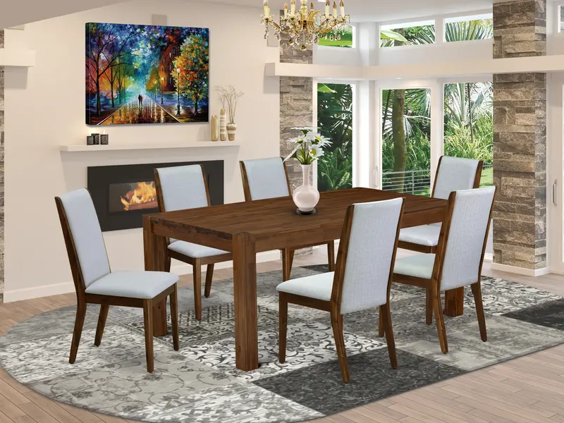 East West Furniture Lmla7-N8-05 Rustic Wood 7-Piece Dining Set — Grey Linen Parsons Chairs, 40" X 72" Table, Walnut Finish 1