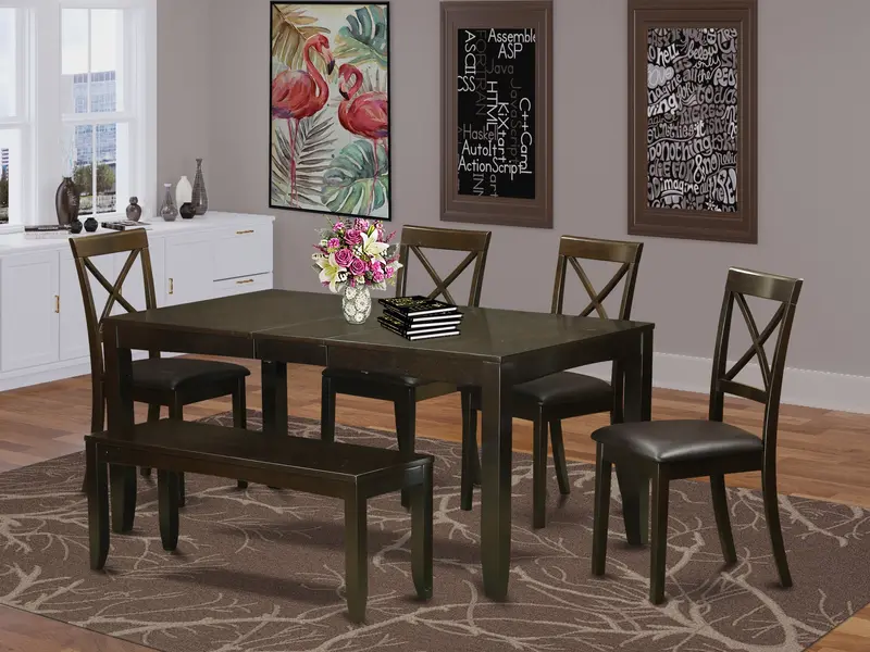 East West Furniture Lybo6-Cap-Lc Cappuccino 6-Piece Dinette Set: Expandable Table + 4 Faux Leather Chairs & Bench 1