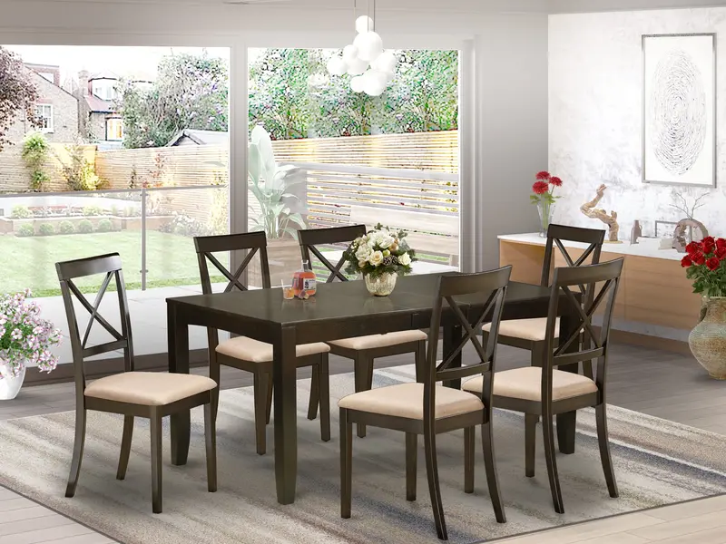 East West Furniture Lybo7-Cap-C 7-Piece Cappuccino Contemporary Linen Dining Set: Rectangular Table With Butterfly Leaf + 6 Linen Chairs (36" X 66") 1