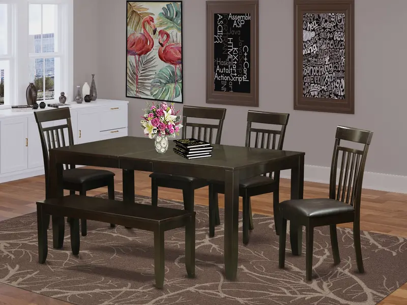 East West Furniture Lyca6-Cap-Lc 6-Piece Cappuccino Modern Upholstered Dining Set: Rectangular Table With Butterfly Leaf + 4 Faux Leather Chairs + Bench (36" X 66") 1
