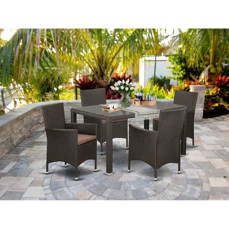 East West Furniture Mavl5-63S 5-Piece Dark Brown Outdoor Wicker Set: Glass-Top Bistro Table (35X59") + 4 Cushioned Balcony Armchairs 1