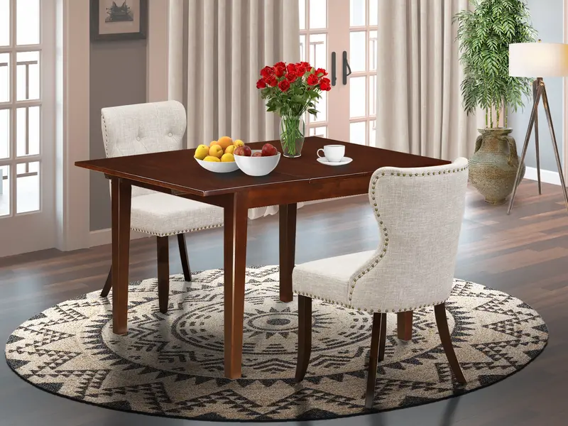 East West Furniture Milan 3-Piece Kitchen Set – Butterfly-Leaf Table With 2 Linen Parsons Chairs, Mahogany 1
