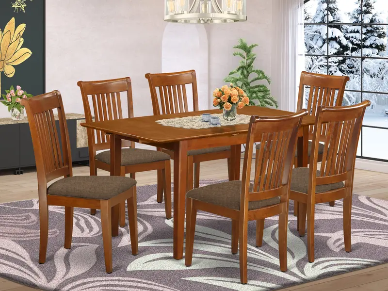 East West Furniture Milan 7-Piece Dinette Set – Butterfly-Leaf Dining Table + 6 Linen-Upholstered Chairs, Saddle Brown 1