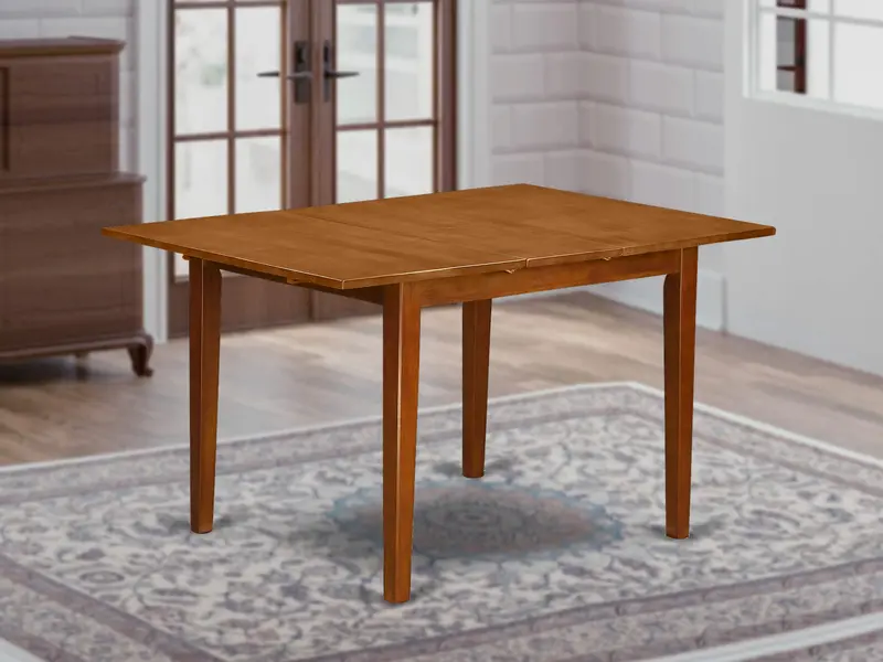 East West Furniture Milan Dining Table – Rectangular Wooden Kitchen Table With Butterfly Leaf Extension, Saddle Brown 1