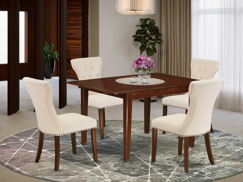 East West Furniture Modern 5-Piece Dining Set: Mahogany Table With Butterfly Leaf And Beige Linen Parson Chairs 1
