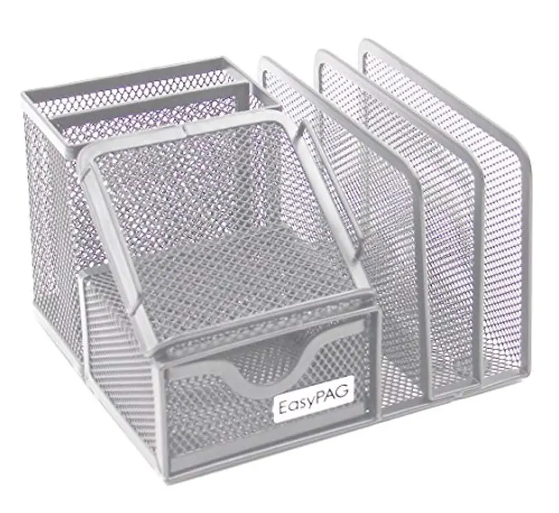 Easypag Mesh Desktop Letter Sorter – 3-Section Organizer With Built-In Drawer, Compact Silver Design 1