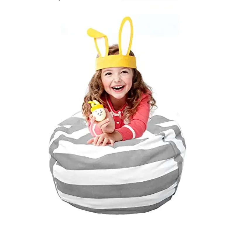 Extra-Large Cotton Canvas Stuffed Animal Storage Bag – Grey Striped Bean Bag–Style Organizer With Full-Length Zipper For Toys, Blankets, And Linens 1