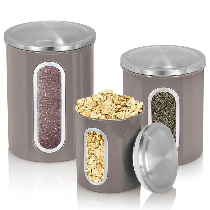 Fc Airtight Stainless Steel Kitchen Canisters – 3-Piece Cereal & Dry Goods Set With Anti-Fingerprint Lids (Warm Grey) 2