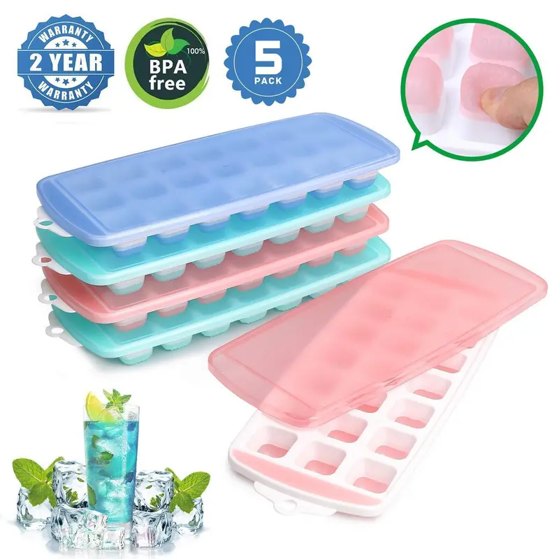 Flexible Silicone Ice Cube Trays – 5-Pack Food-Grade Molds With Lids, 105-Cube Capacity, Stackable & Dishwasher-Safe 1