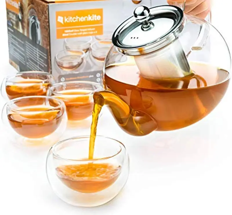 Glass Stovetop-Safe Tea Kettle Set – Includes Infuser, 4 Double-Wall Cups (80Ml), Microwave/Dishwasher Safe – Ideal For Blooming & Loose-Leaf Tea 1