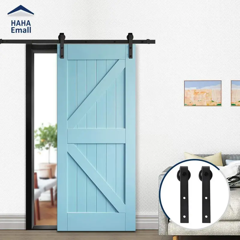 Hahaemall Rustic 6-Foot J-Shape Sliding Barn Door Hardware Kit – Double-Door Steel Track System 1