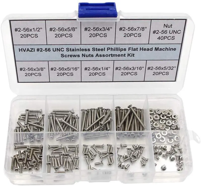 Hvazi #2-56 Unc Stainless Steel Phillips Flat Head Machine Screw & Nut Assortment 1