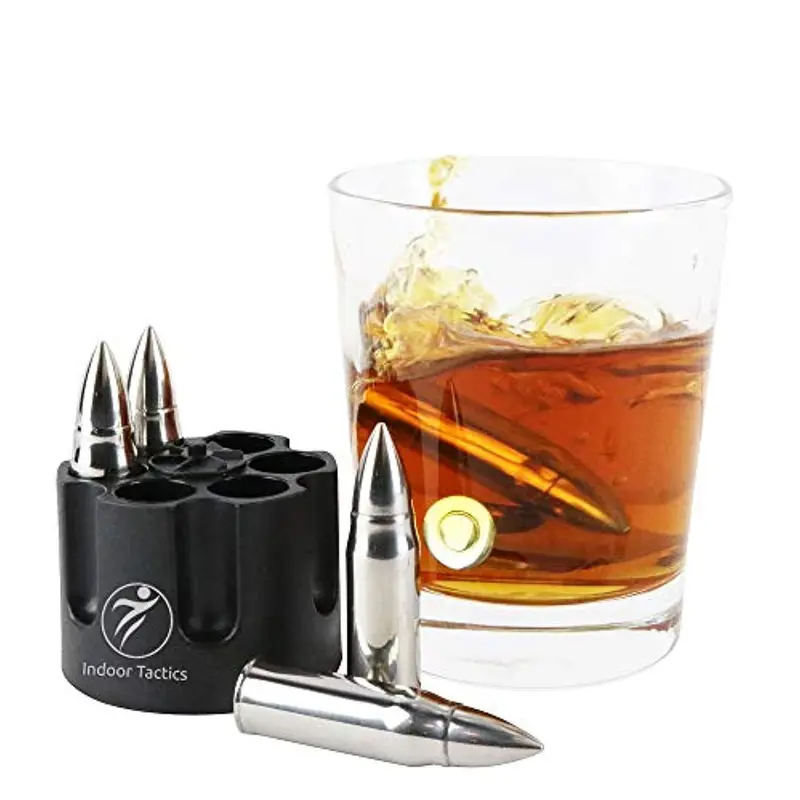 Indoor Tactics Xl Whiskey Bullet Stones – Set Of 6 With Revolver-Style Freezer Base 1