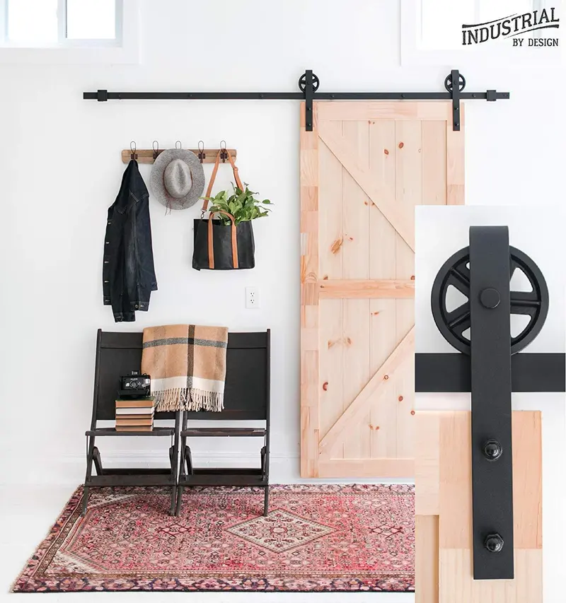 Industrial By Design 8-Foot Spoke-Wheel Sliding Barn Door Hardware Kit – One-Piece Rail, Black Industrial Finish 1