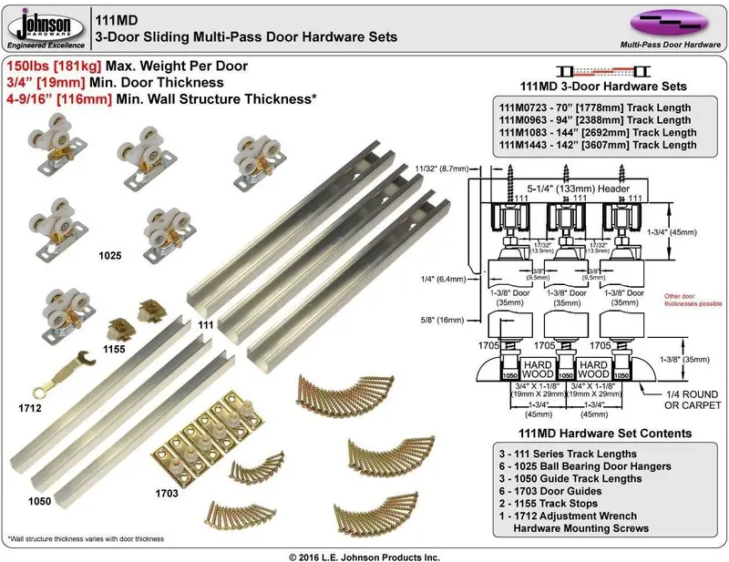 Johnson Hardware 111Md Multi-Slide 3-Door System – 94-Inch Track, Supports Doors Up To 150 Lbs 1