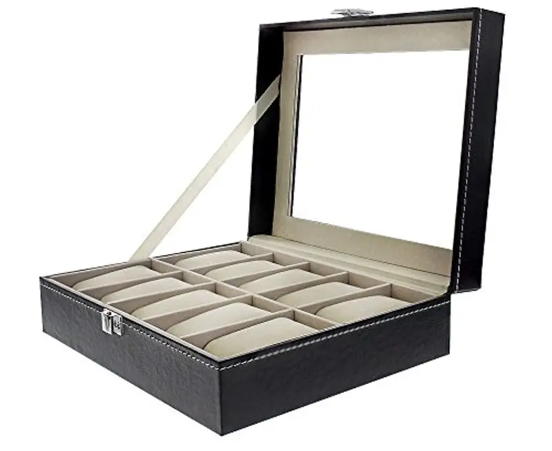 Juvale 10-Slot Leather Watch Storage Box – Compact Black Display Case Measuring 10" X 8" X 3.25" 1