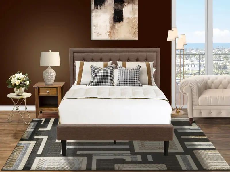 Kd18F-1Ga08 Full 2-Piece Set – Linen Tufted Bed Frame + Mid-Century Nightstand With Wooden Drawer 1