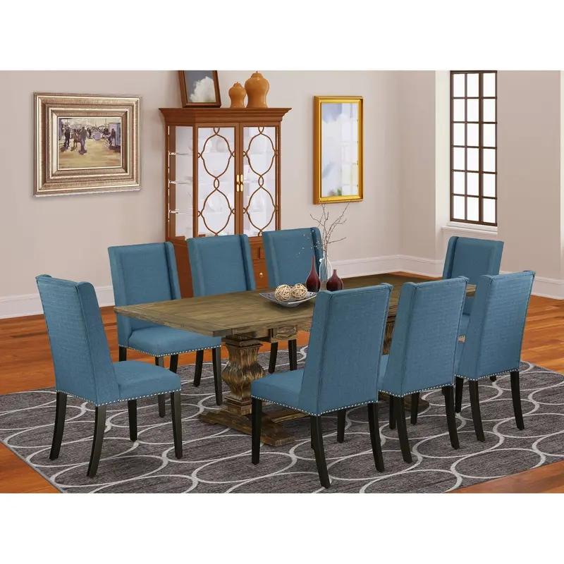 Lafl9-71-21 East West Furniture 9-Piece Dining Set: Jacobean Wooden Table With Butterfly Leaf + 8 Blue Linen Parson Chairs (42" X 92") 1