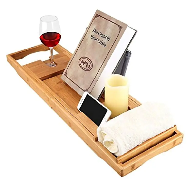 Langria Bamboo Bathtub Caddy – Adjustable Spa Tray With Extendable Sides, Smartphone & Wineglass Holder, Waterproof Sliding Tray & Non-Slip Base 1