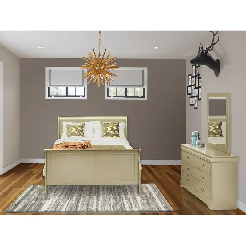 Louis Philippe 3-Piece Queen Bedroom Ensemble – Metallic Gold Bed, Dresser, And Mirror 1