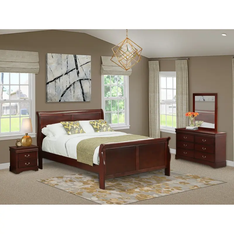 Louis Philippe 4-Piece Queen Bedroom Set – Walnut-Finished Bed, One Nightstand, And Dresser With Mirror 1