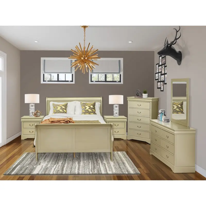 Louis Philippe 6-Piece Queen Bedroom Suite – Metallic Gold Bed, Two Nightstands, Dresser With Mirror, And Chest 1
