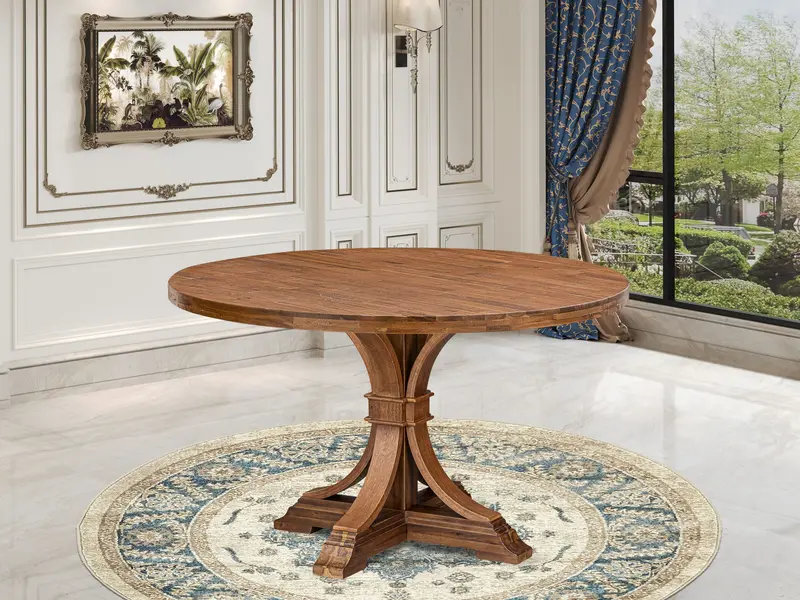 Luxe Acacia Breakfast Table – Round Top With Elegant Pedestal, Antique Walnut 1