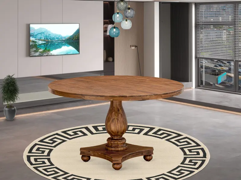 Luxe Acacia Dining Room Table – Round Top With Elegant Pedestal, Antique Walnut 1