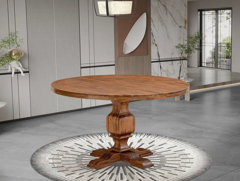 Luxe Acacia Dining Table – Round Top With Elegant Pedestal, Antique Walnut 1
