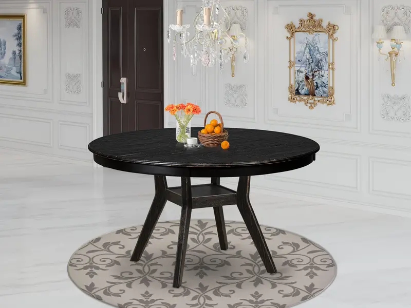 Luxe Acacia Kitchen Table – Round Top, Sand Blasted Black Pedestal Base 1