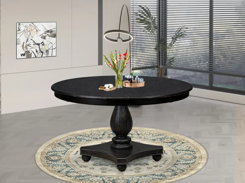 Luxe Acacia Round Dining Table – Sand Blasted Black Pedestal Base 1