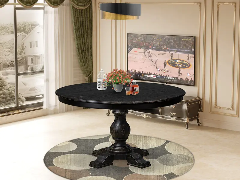 Luxe Mid-Century Acacia Dining Table – Round Top, Sand Blasted Black 1