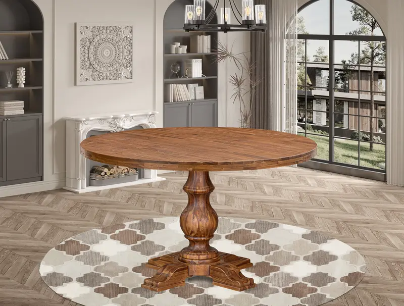 Luxe Modern Acacia Dining Table – Round Top With Stylish Pedestal, Antique Walnut 1