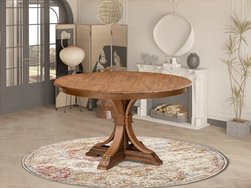 Luxe Wooden Acacia Dining Table – Round Pedestal Design, Antique Walnut 1