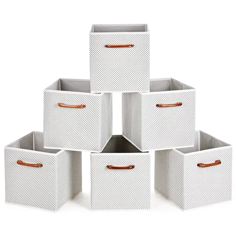 Maidmax Foldable Fabric Storage Cubes (Set Of 6) – Stylish Gray Polka Dot Bins With Wooden Handles For Closets, Shelves & Kids’ Rooms 1