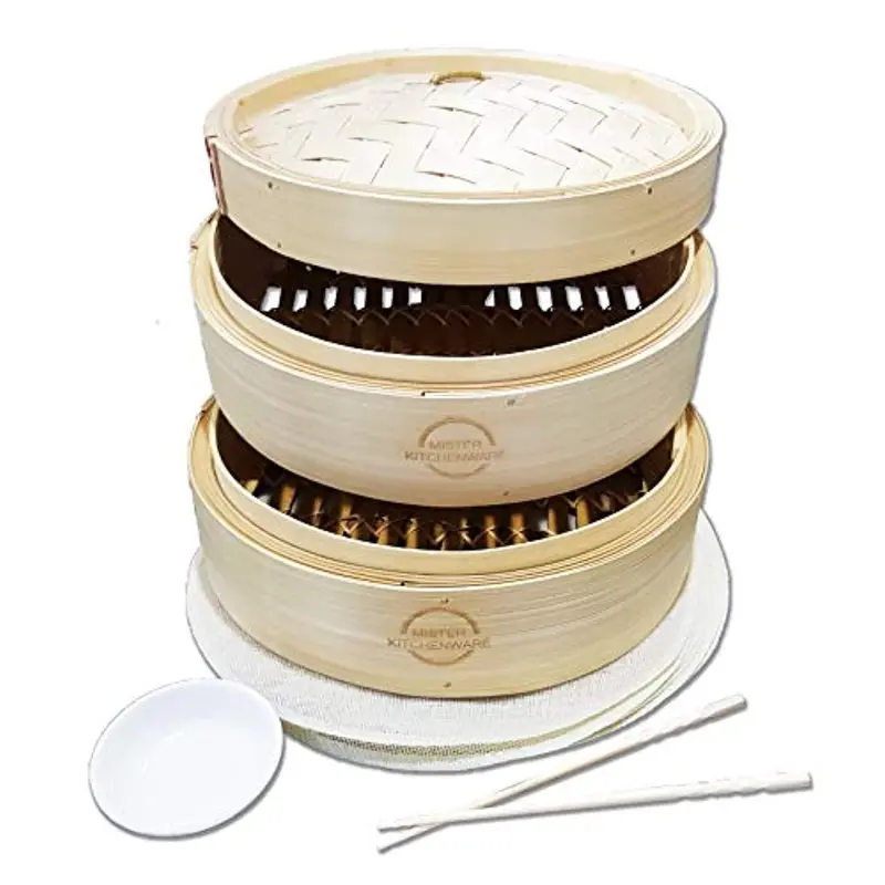Mister Kitchenware Bamboo Steamer – 2-Tier Handcrafted Steaming Basket For Dim Sum, Veggies & Proteins (10") 1