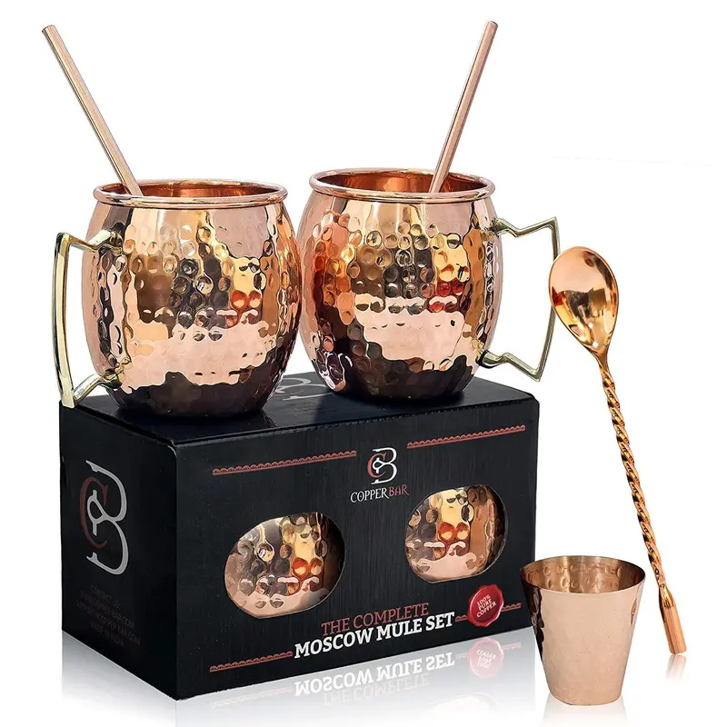Moscow Mule Mug Duo – Handmade 16 Oz Copper Cups With Stainless Liner, Straws, Shot Glass, Stirrer & Digital Recipe Guide 1