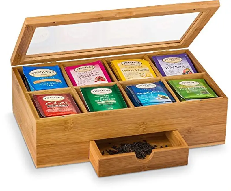 Natural Bamboo Tea Chest With Drawer – Eco-Friendly 10-Compartment Tea Storage Box & Gift Idea 1