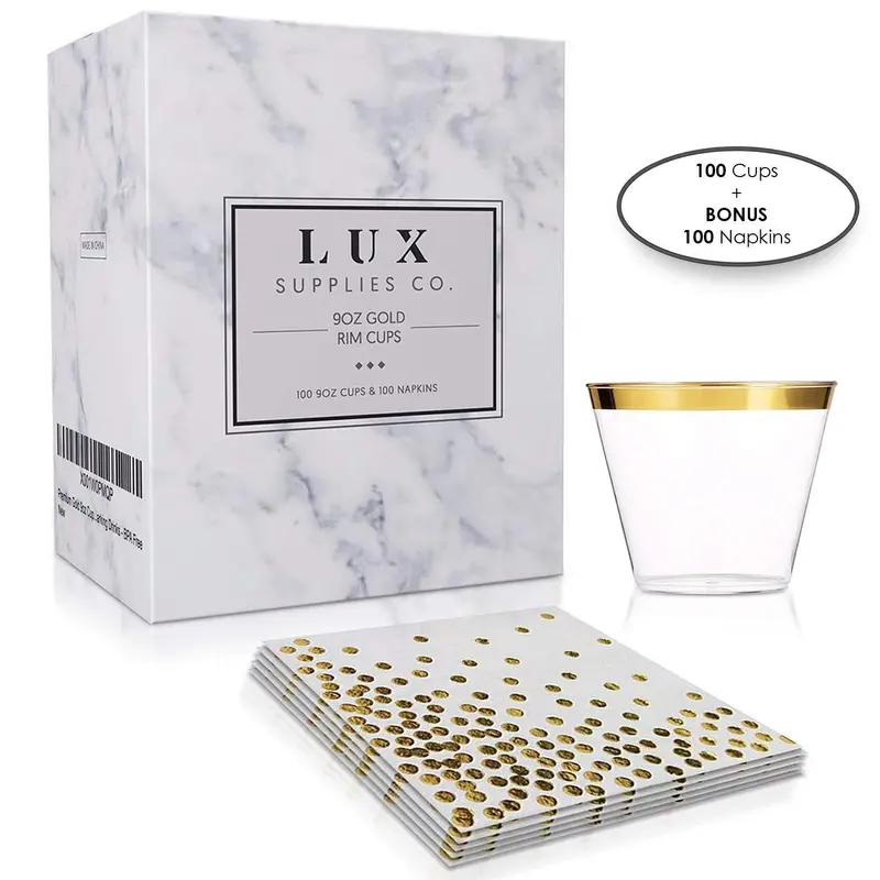 Premium Gold 9Oz Disposable Cups – Bpa-Free Elegant Plastic Glasses With Matching Napkins For Weddings, Toasts & Celebrations 1