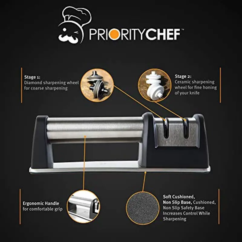 Prioritychef 2-Stage Knife Sharpener – Diamond-Coated Wheel System For Straight & Serrated Blades – Fast, Safe & Ergonomic Edge Restoration 1